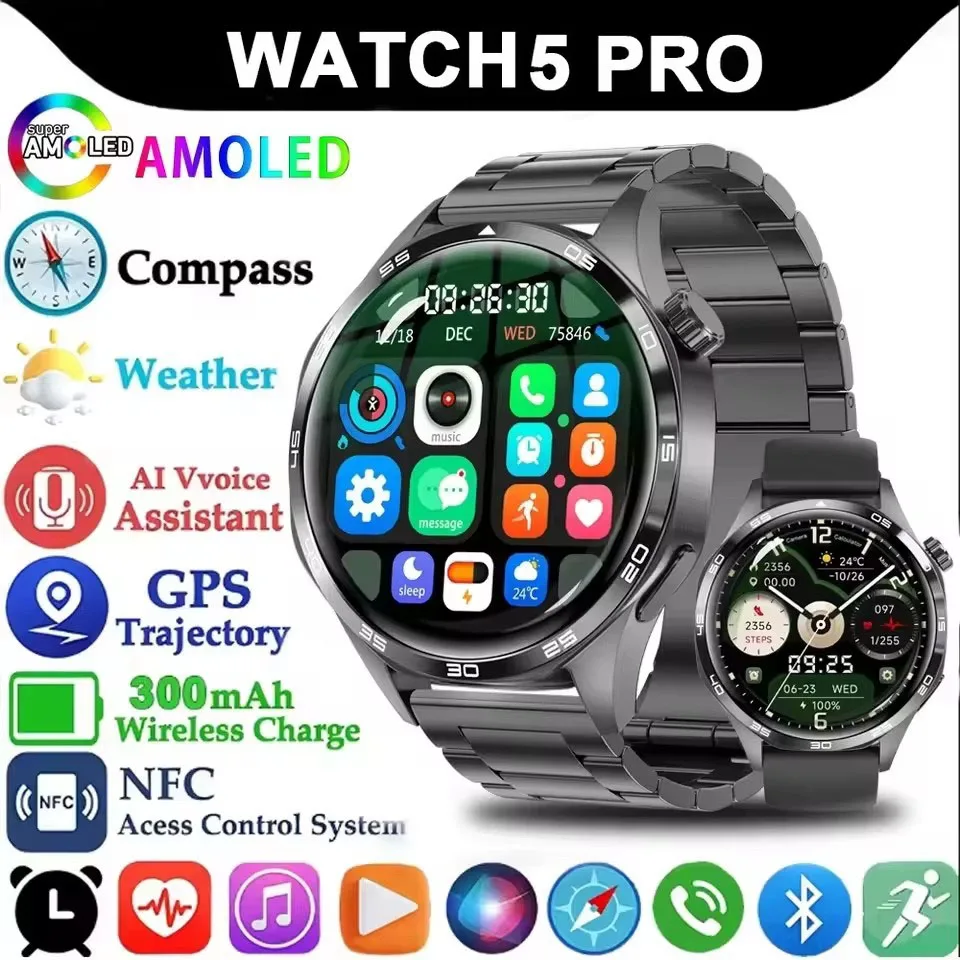 Smart Watch 5 Pro GPS NFC Smartwatch Men 360*360 AMOLED Screen Heart Rate Monitor Bluetooth Call IP67 Waterproof Men Smartwatch