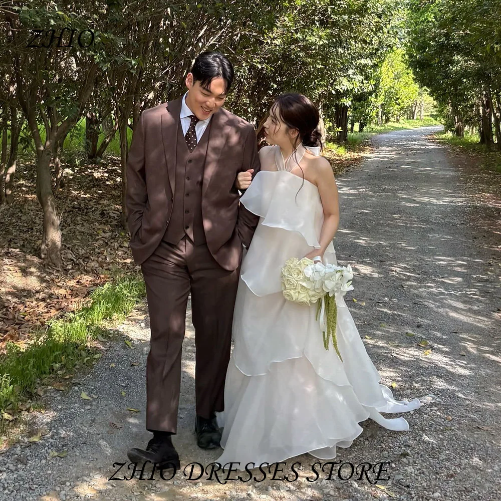 ZHIO فستان زفاف نسائي فضفاض أبيض الطبقات فستان زفاف كوري خارجي لالتقاط الصور فستان زفاف بدون أكمام فستان طويل مخصص