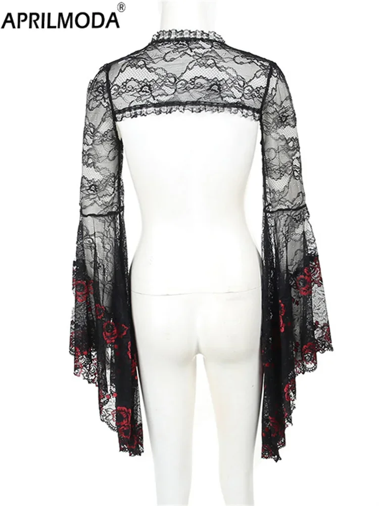 2024 Autumn Long Flare Sleeve Gothic Vintage Lace Cropped Shawl Bolero Shrug Tops Harajuku Red Black Embroidery Cosplay Jacket