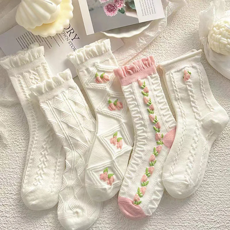 5 Pcs/set White Floral Mid-tube Socks Women's Trendy Japanese Powder Fog Color Student Loli Spring Thin Section Socks New