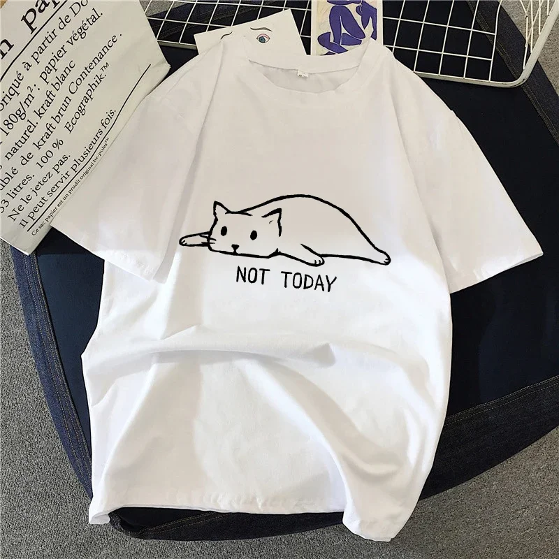 Fashion Graphic Women T-shirt Simple Brush Drawing Cat Print Short Sleeve T Shirt Female Harajuku Casual Unisex Clothes Top Tee