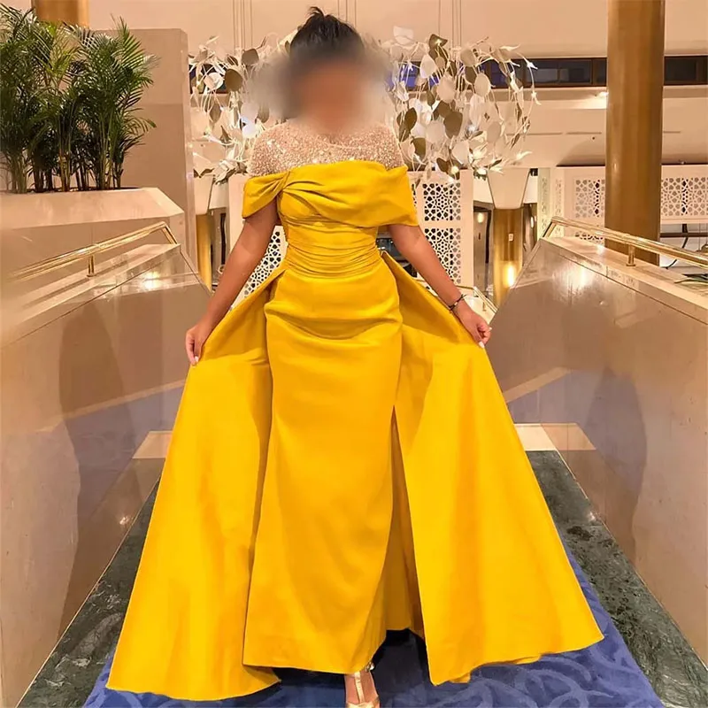 

Customized High Neck Prom Dresses Overskirt Pleat Ankle Length Evening Party Dress Sequin Ruched Arabic Dubai Robe De Novia 2025