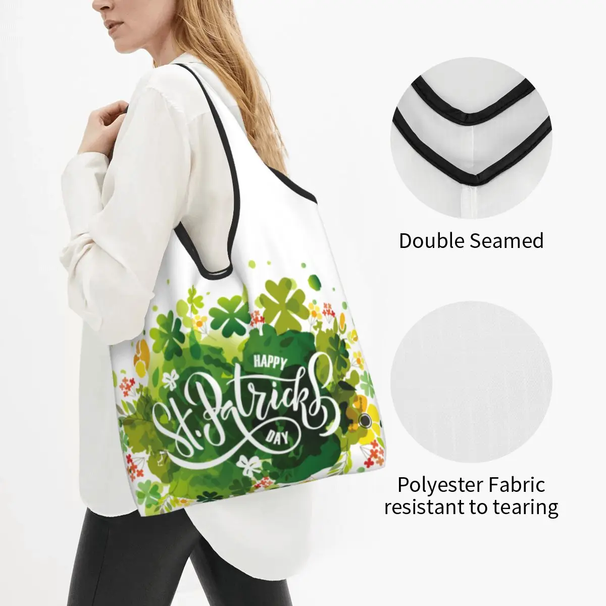 Reusable Saint St Patrick's Day Grocery Bags Foldable Machine Irish Green Lucky Shamrock Shopping Bags Large Eco Storage Bag