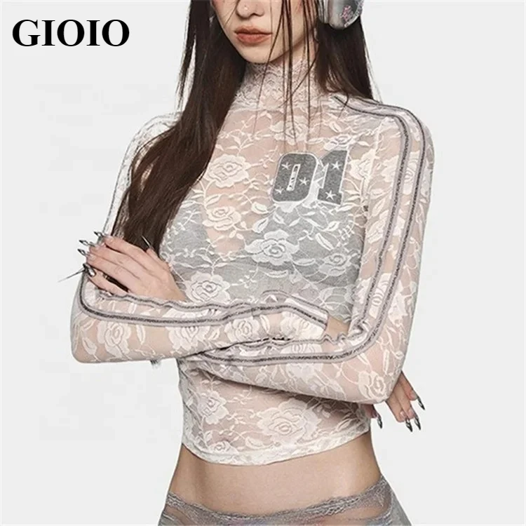 

GIOIO Lace O-neck Mesh Sheer Long Sleeve Crop Top Bow Back Bandage Knitted Mini Skirts 2024 Evening Party Women 2 Piece Sets