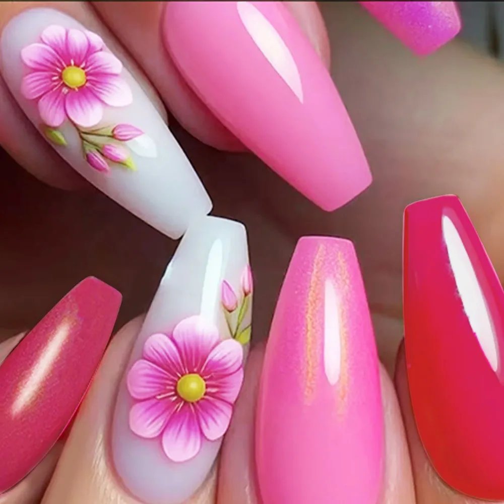 

24pcs/set Medium long fake nails Spring summer flowers gradient red pink blue green square almond tips press on false nail art