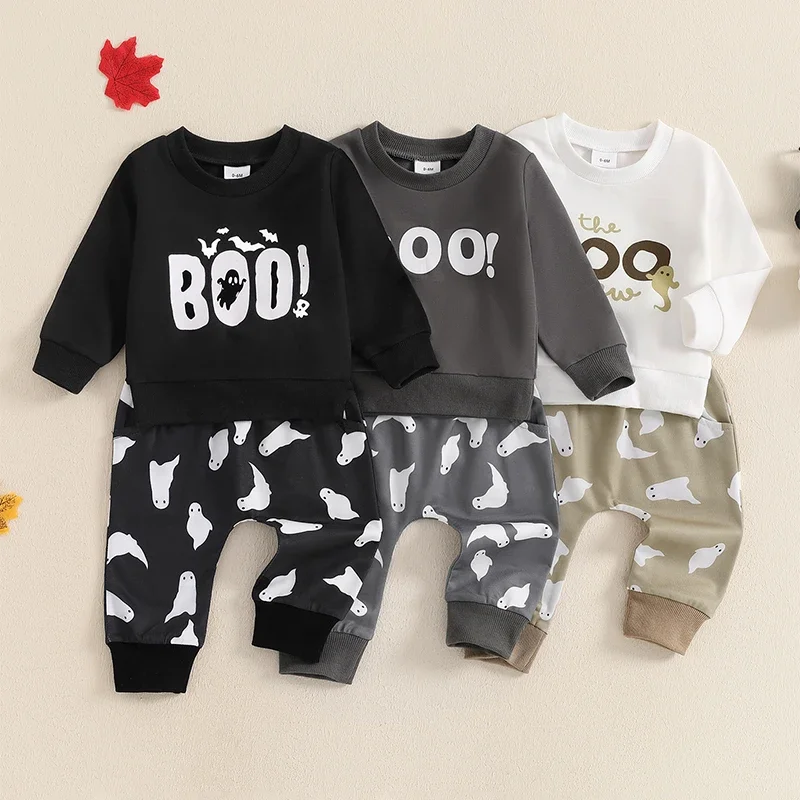 

Casual Baby Boys Pants Set Long Sleeve Crew Neck Letters Print Sweatshirt with Ghost Sweatpants Halloween Clothes