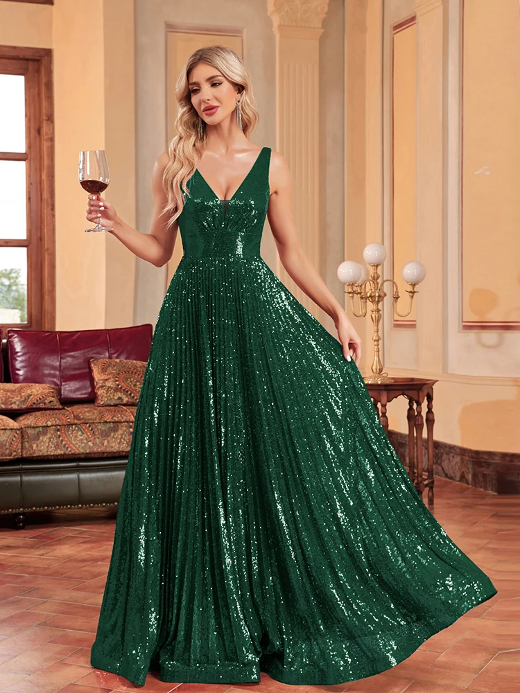 

Luxury V-Neck Green Sleeveless Formal Evening Dresses Women Sequins Wedding Party Prom Maxi Cocktail Dresses Vestidos