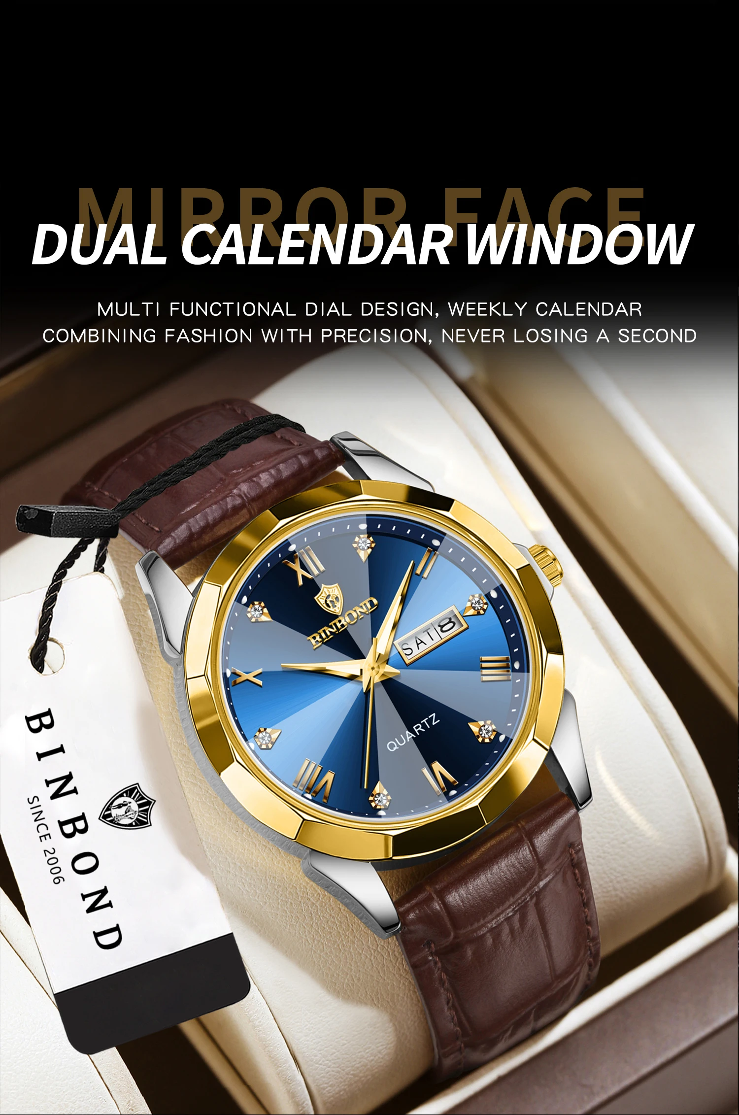 BINBOND Original Auto Date Week Display Men's Watch Reloj Hommes Leather Quartz Watches For Men Luxury Luminous Waterproof +Box