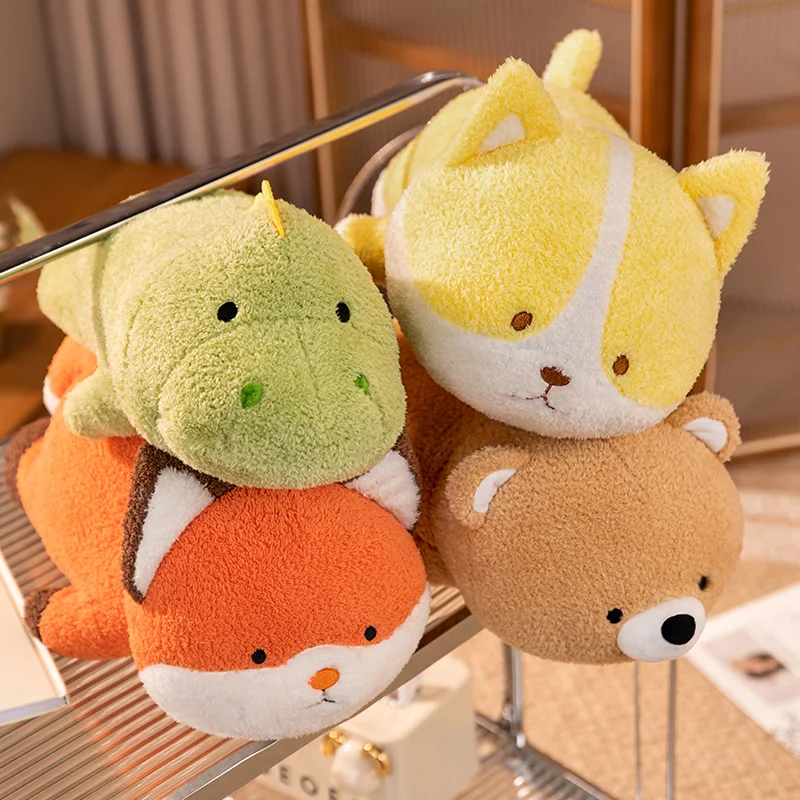 Fluffy Animals Plush Toy Fatty Squishy Stuffed Dinosaur Fox Bear Corgi Dog Soft Doll Baby Appeasing Pillow Cartoon Plush Cushion