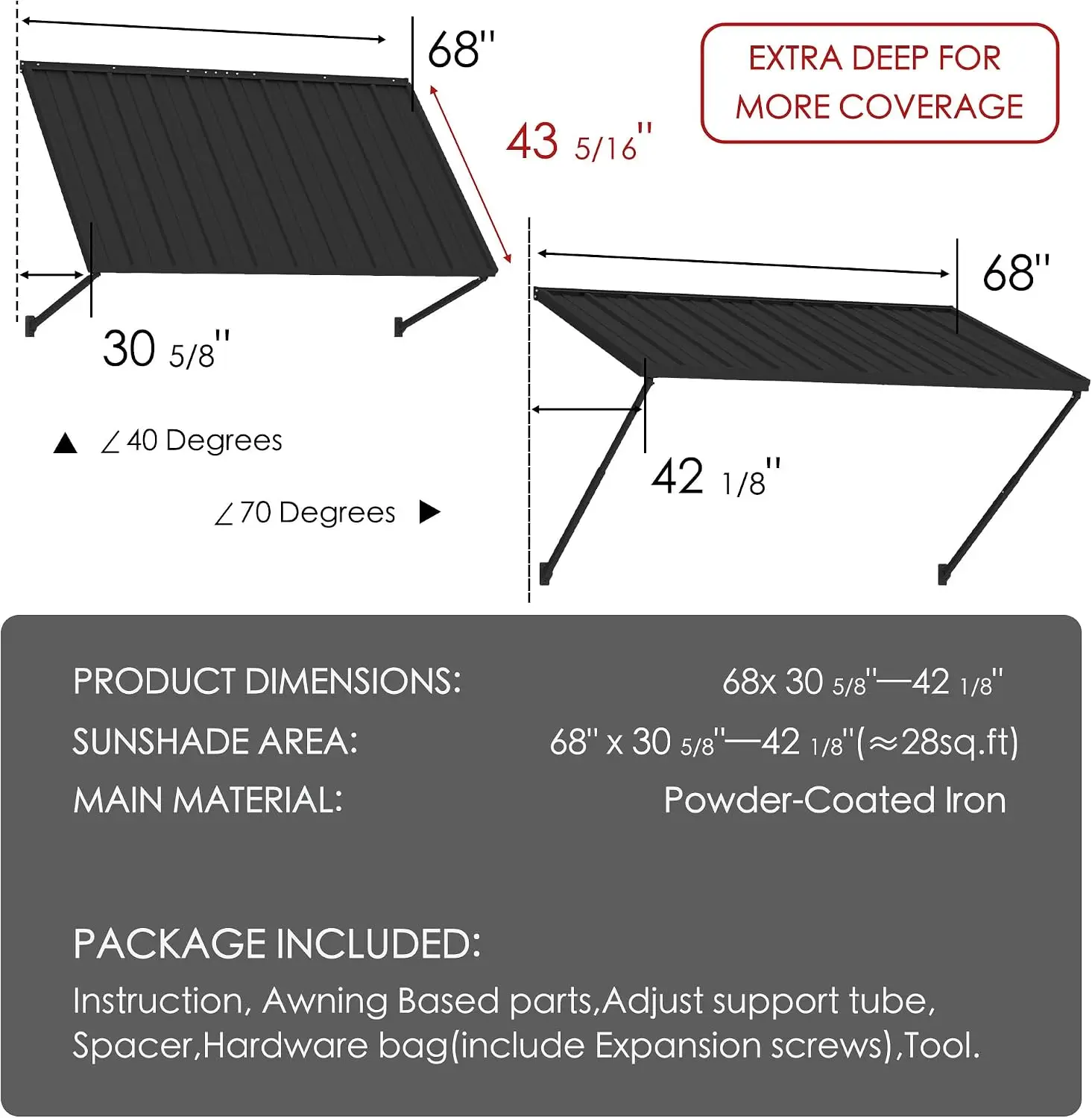 Adjustable Door Window Awning - 4-Level Tilt, Aluminum Frame