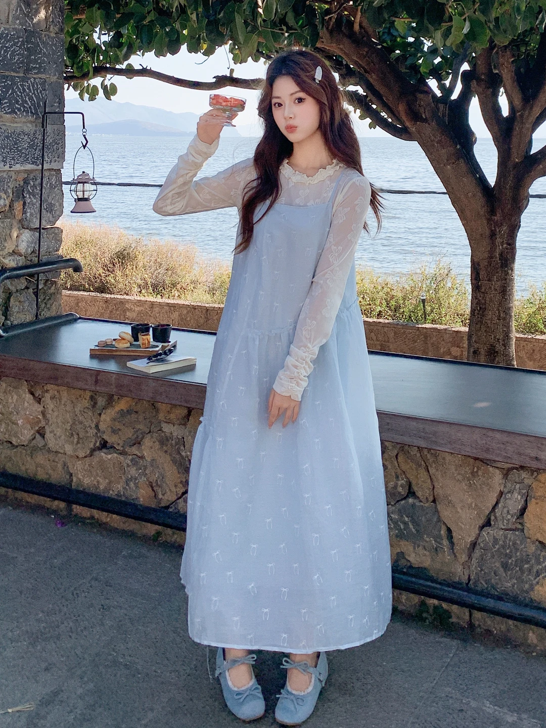 

Sweet Spring Autumn Girl's Two-Piece Set with Ruffle Trim Dress And Base Shirt Chic Casual High Waist Universal Fit