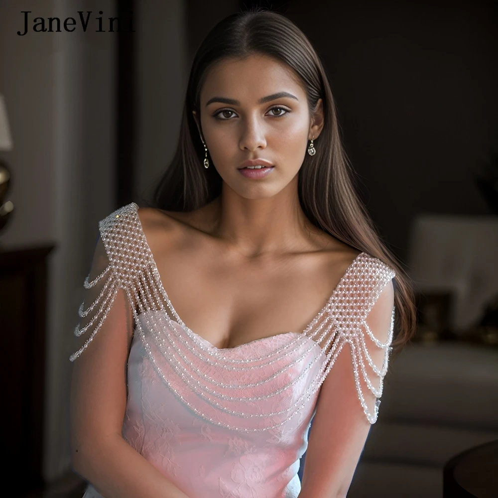 JaneVini Luxury Crystal Pearl Women Collar Neckalce Beaded Adjustable Size Shoulder Cover Chain Bridal Cape Wedding Wraps Bolero