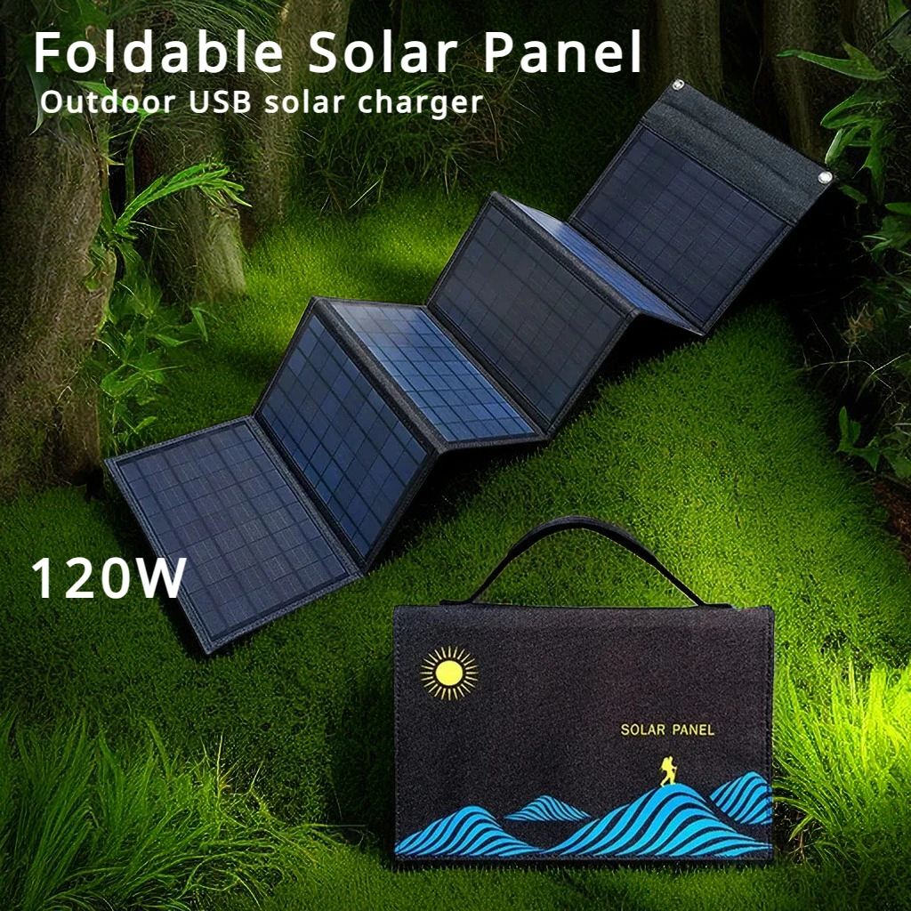 2024 New Portable 120W Solar Panel Folding Bag USB+DC Output Solar Charger Outdoor Power Supply Mobile Phone Generator