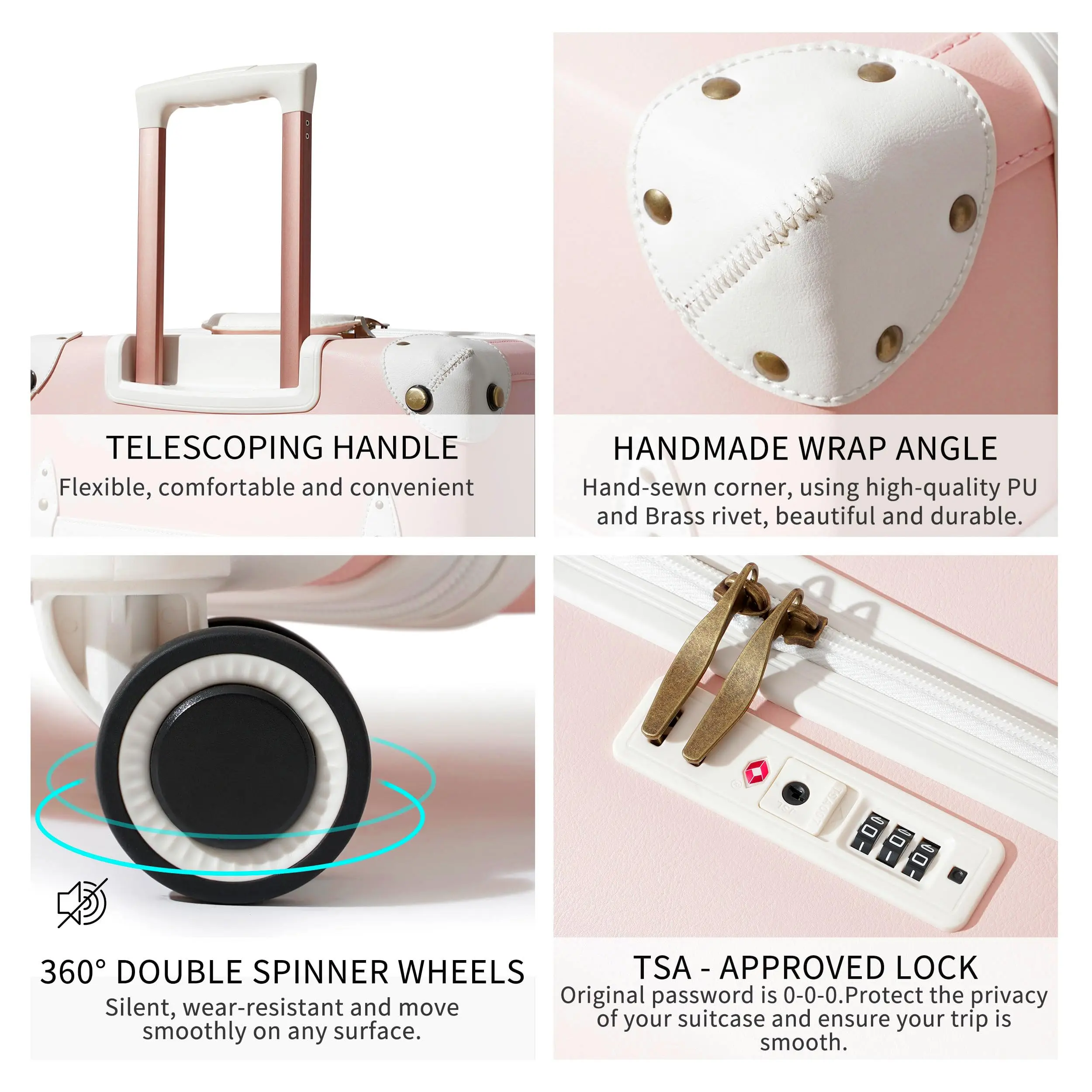 Urecity Retro Travel Suitcase Set of 2 Vintage Rolling Luggage for Women and Men Cute Trolley Suitcases With Handbag