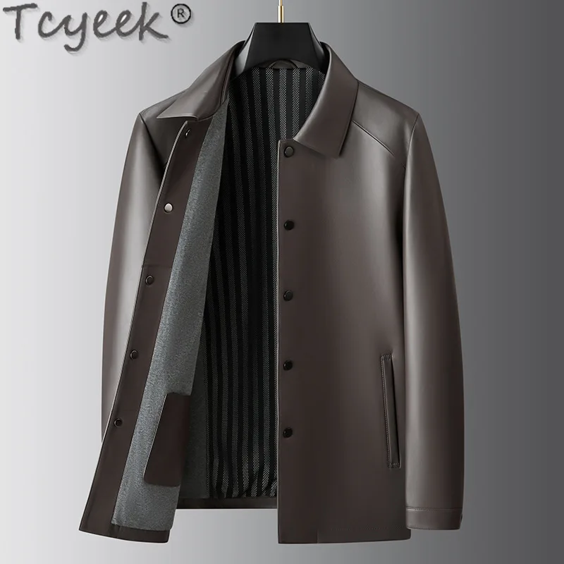 Tcyyeek Genuine Leather Jacket Men Spring Autumn Clothes Mid-length Real Sheepskin Mens Coats Vegetable Tanning Jaqueta Couro