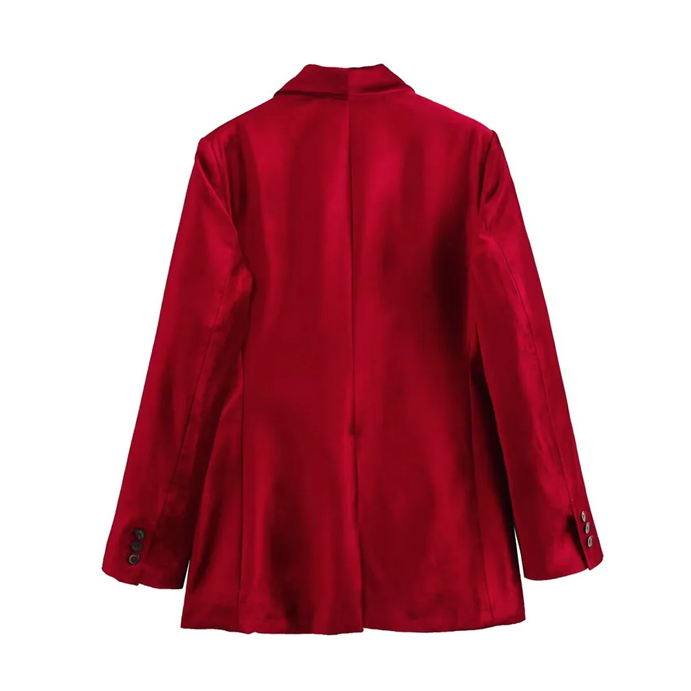 Vintage Chic Red Velvet Oversized Blazers Women Long Sleeve V Neck Pockets Jackets Fashion 2024 Office Lady Outwears