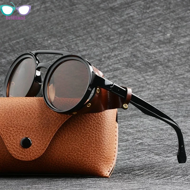 

European and American Steampunk Men Women Circular Sunglasses Polarized Retro Leather Personalized Side Cover Style SUN GLASSES