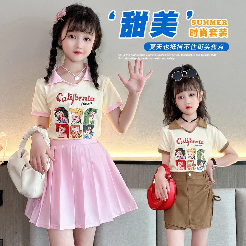 

Short Sleeved Pleated Skirt Suit Short Skirt T-shirt Two-piece Set 2024 Medium and Large Girls Summer Dress New Shorts