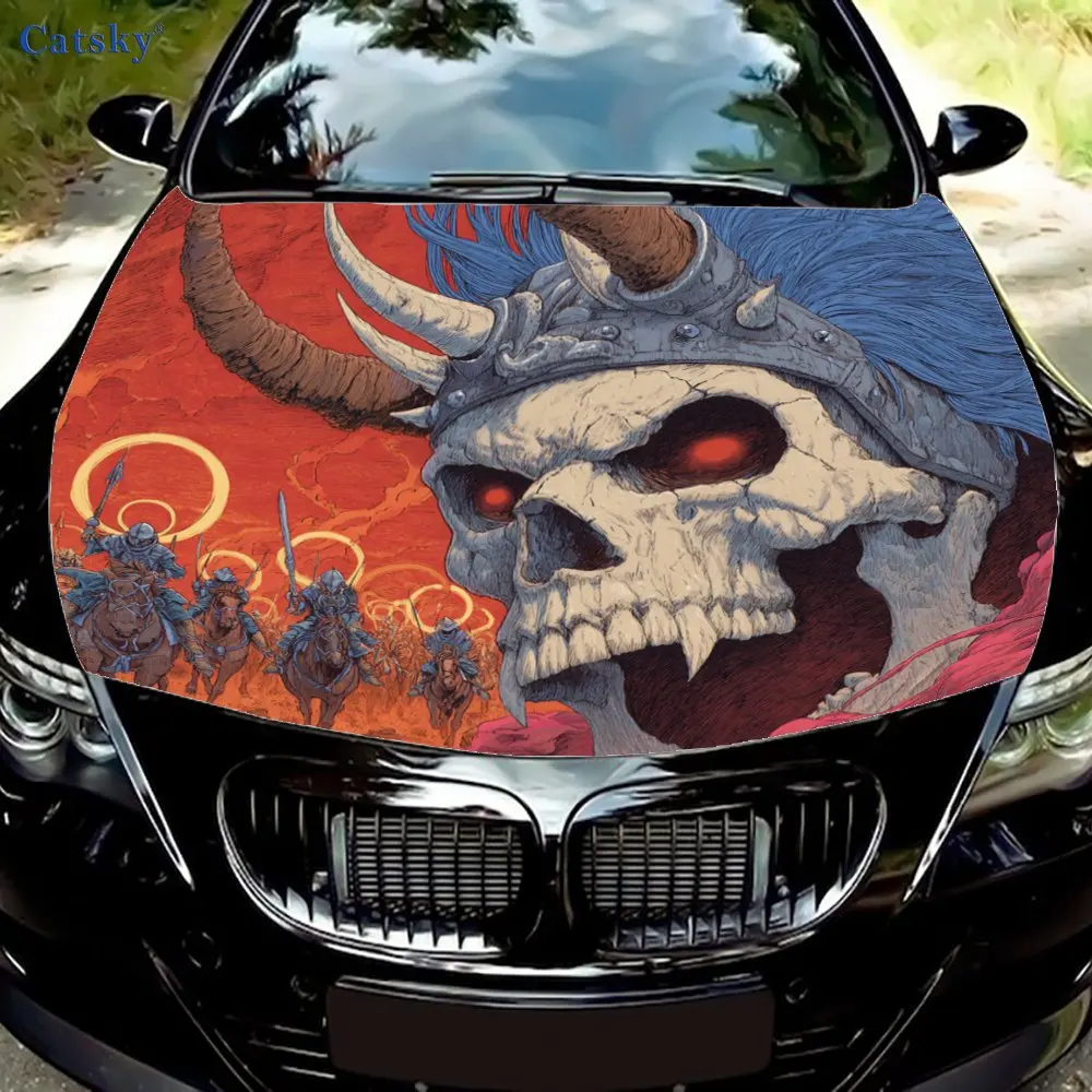Adesivos afiados do capô do carro do crânio do capacete com chifres, decorações personalizadas deslumbrantes, adequados para vários modelos de carros 