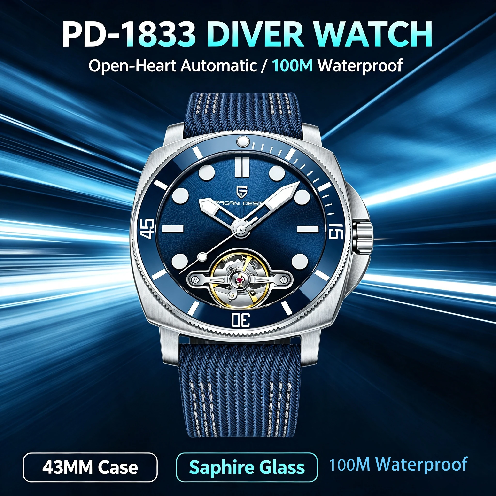 PAGANI DESIGN Luxury Men Open‑Heart Automatic Mechanical Watch Diver Dial Sapphire Luminous Stainless Steel Gift Wristwatch