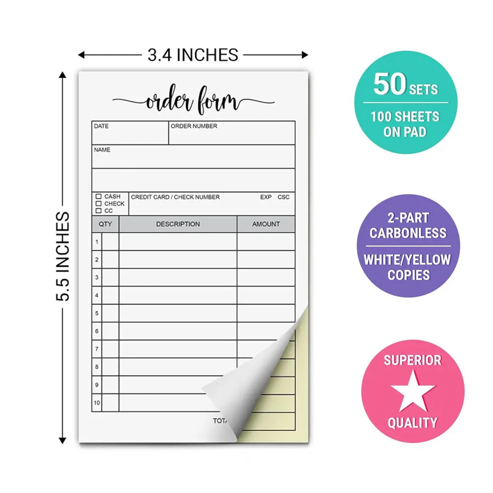 1 Receipt Book, Carbonless Paper - Sales Order, Small Business Invoice Book - (50 Each White/Yellow)