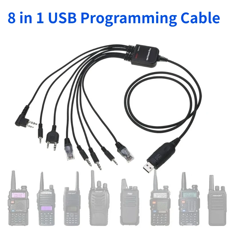 8 in 1 USB Programming Cable+Software CD for Baofeng Kenwood TYT QYT Motorola Yaesu ICOM Walkie Talkie Car Radio