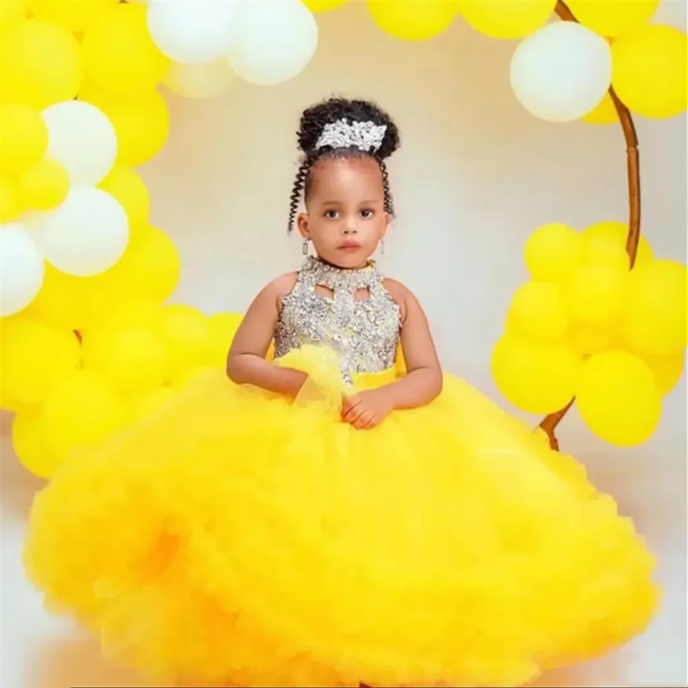 

Lovely Glitter Flower Girl Dress for Wedding Halter Sleeveless Beading Baby Girls Birthday Party Evening Banquet Gown Customized