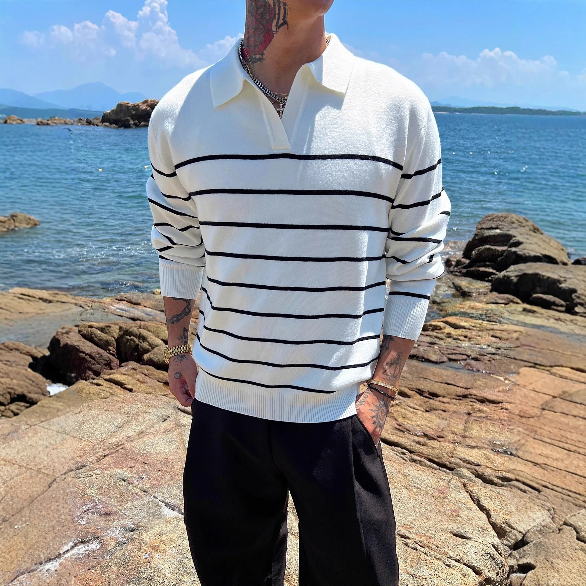 2025 Autumn Winter New Men Turn Down Collar Striped Polo Shirt Long Sleeve Black White Color Block Casual Business Top