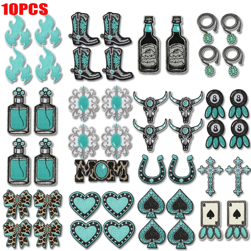 10 Stück Onyxblaue Western-Cowboy-Stickerei DIY Kreuz Leopardenmuster Schleifen-Patch Bullenkopf Stiefel Stickerei Jeans-Patch Aufbügelbare Patches