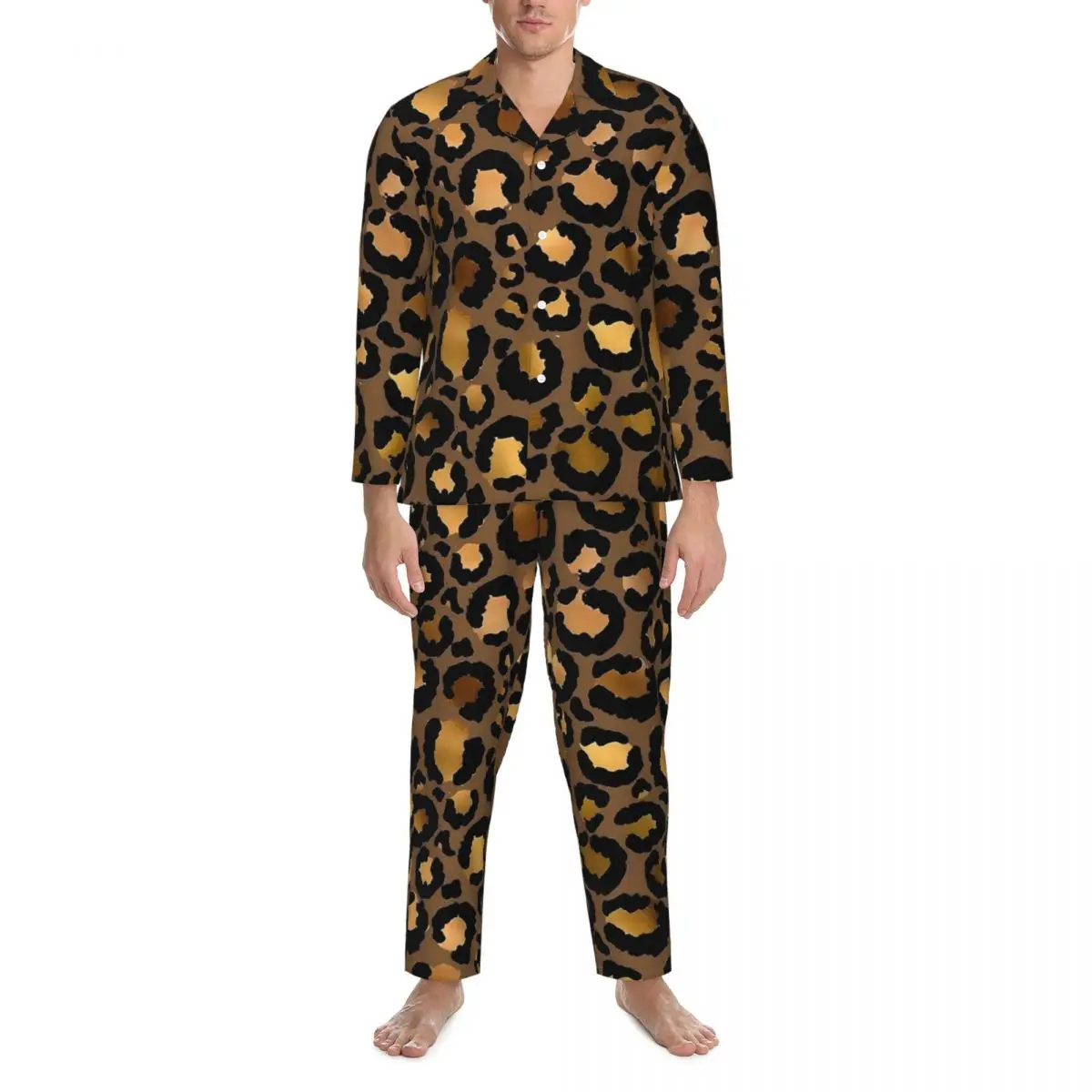 Pigiama Uomo Oro e Marrone Leopardo Sonno Indumenti da notte 2 Pezzi Retro Pigiama Set a maniche lunghe Kawaii Abito da casa oversize