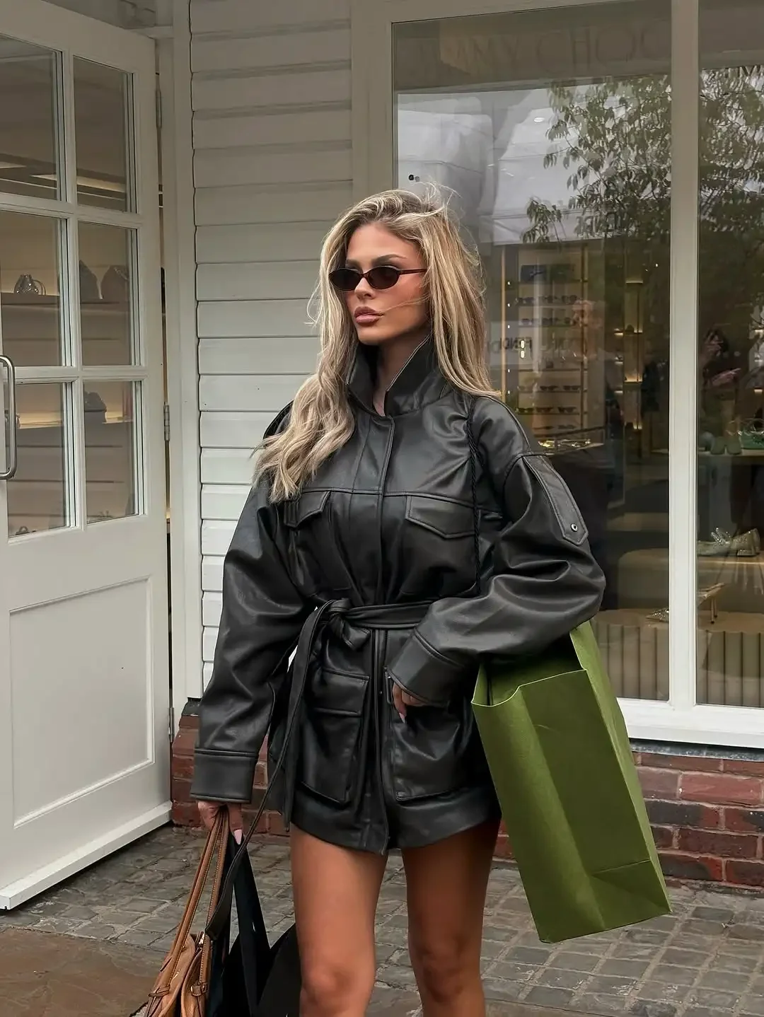 Giacca da donna in pelle con lacci retrò tinta unita Giacca casual con risvolto a maniche lunghe Tasca Giacche larghe Lady Capispalla da strada per pendolari quotidiani