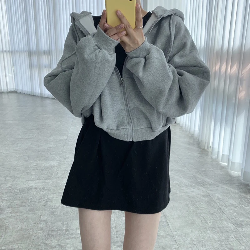 Streetwear Cropped Hoodies Women Solid Oversized Zipper Short Sweatshirt Harajuku Korean Simple Casual All Match Hooded Jacket