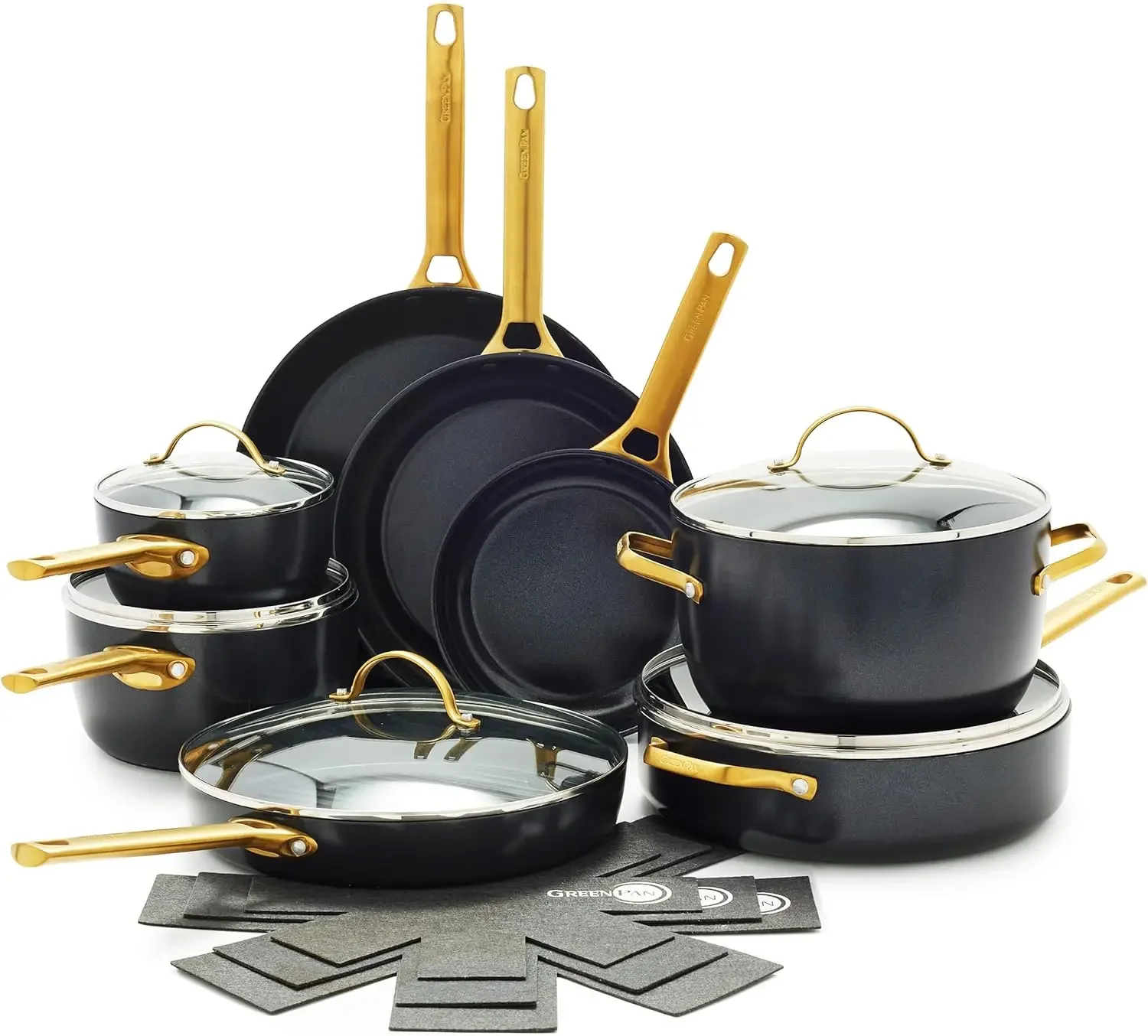 

Reserve Hard Anodized Healthy Ceramic Nonstick, 16 Piece Cookware Pots and Pans Set, Gold Handle, -Free, Dishwasher Safe