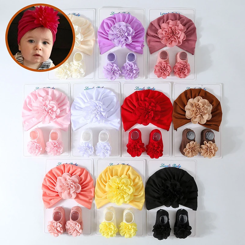 

Big Flower Baby Turban Cap Socks Set Elastic Newborn Girl Headscarf Hats Anti-Slip Kids Short Socks 0-1 Years Kids Indian Caps