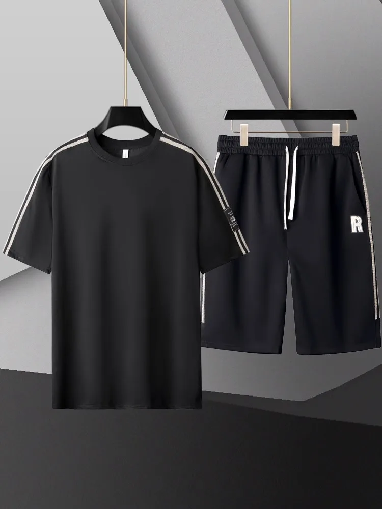 plus Size Men's Summer ort Sve T-irt orts Set Striped Knitted Casual Sportswear Two-Piece Suit Big Size Polyester Fiber