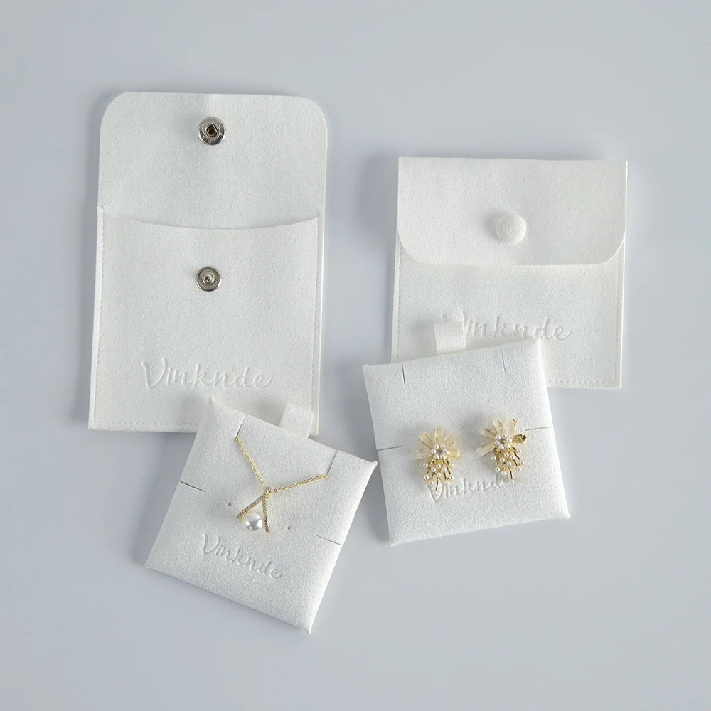 

White Microfiber Jewelry Pouch With Holder Custom Embossed Stamped LOGO Suede Jewelry Earrings Necklace With Insert Card Pads