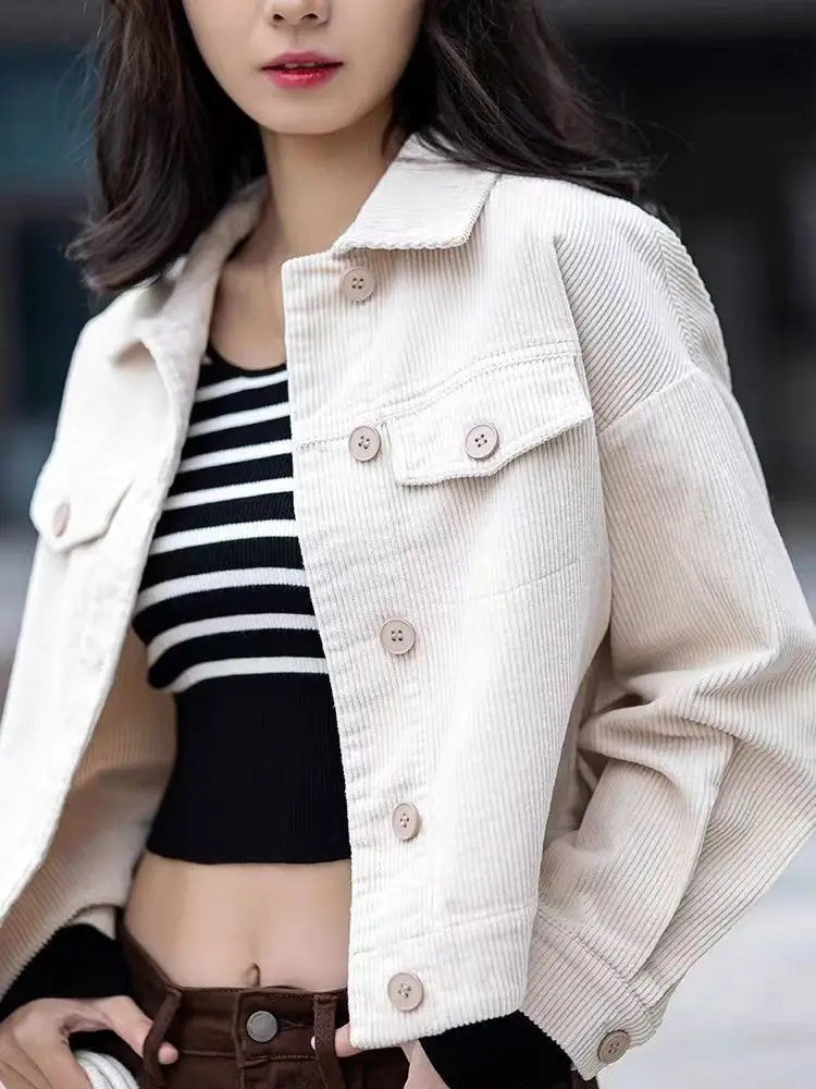 Chic Lapel Button Pockets Corduroy Jacket Vintage Thin Crop Tops Women Clothing Trends Long Sleeve Shirts Spring Autumn Coats