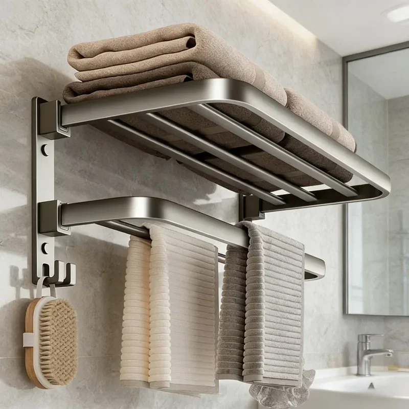 

Настенная складная вешалка для полотенец для ванной комнаты, цвет серый металлик, без перфорации, органайзер для хранения, подвесная полка для дома и ванной