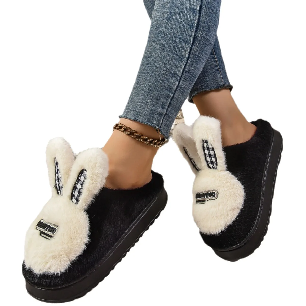 2024 Winter New Cotton Slippers Female Rabbit Ears Plus Velvet Warm Indoor Lovely Home Home Thick Bottom Hair Mop