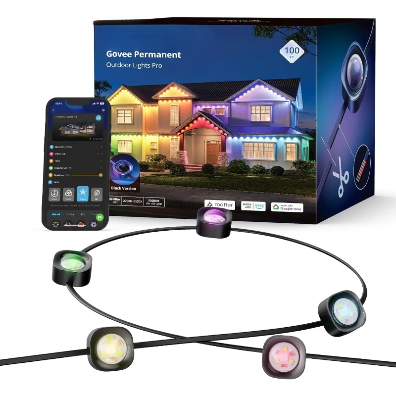 Permanent Outdoor Lights Pro, 75 Scene Modes for Christmas, IP67 Waterproof, Works with Alexa, Google Assistant, Matter, Black