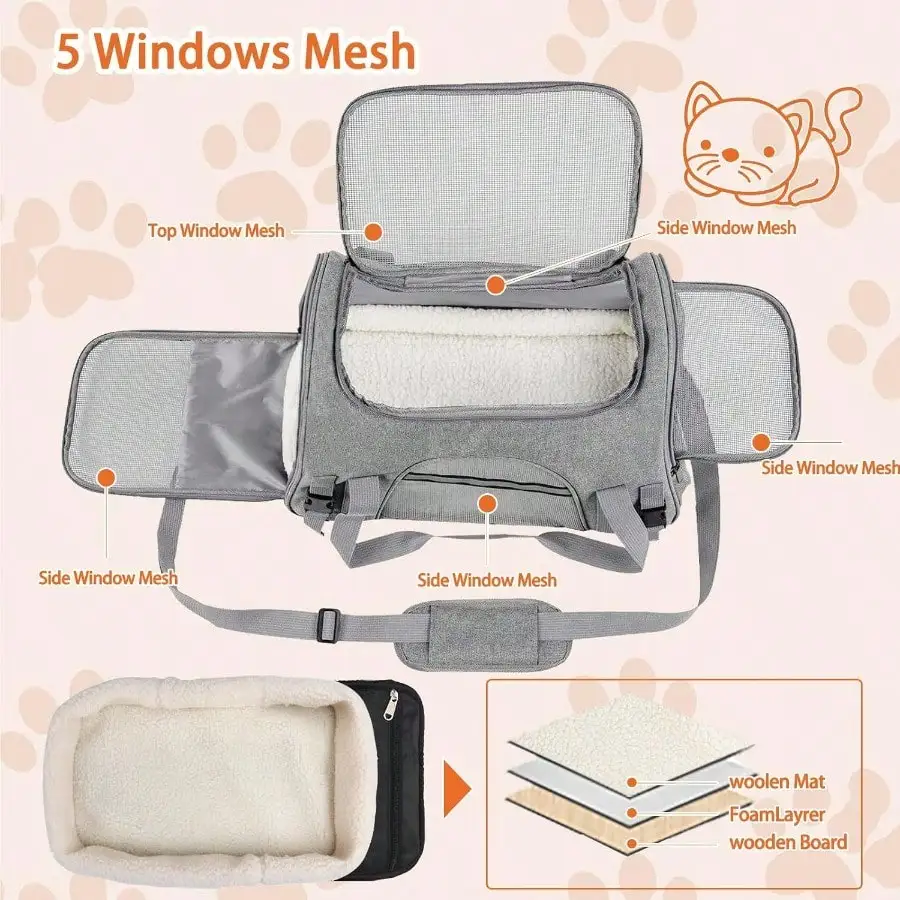 

Bag Airline Approved Up For Cats And Up To 20LBs, Soft Cat Carrier Dog Carrier Travel Kitten Carrier With Mat, Nail