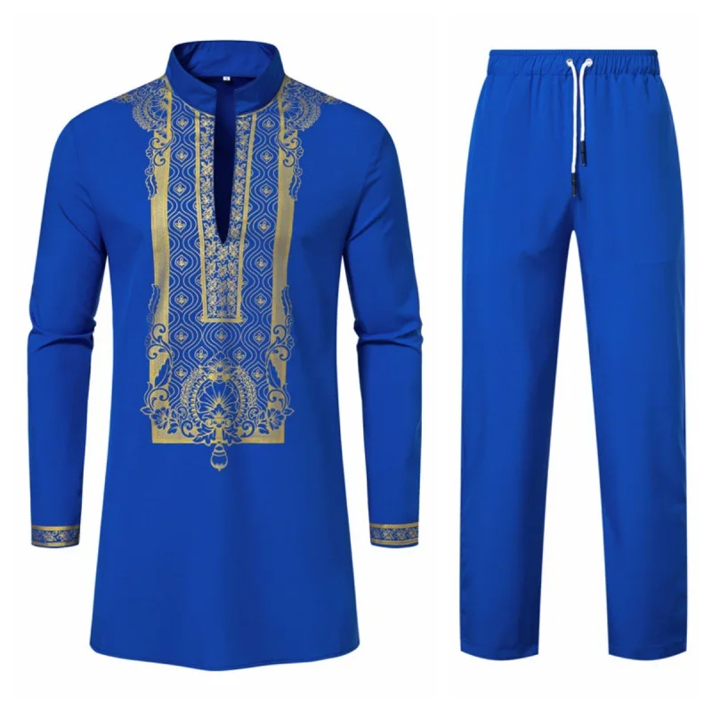 Fashion Muslim Shirts Suit National Style Standing Collar Long Sleeve Print Top Pant Set 2PCS Casual Mid-Length African Clothes