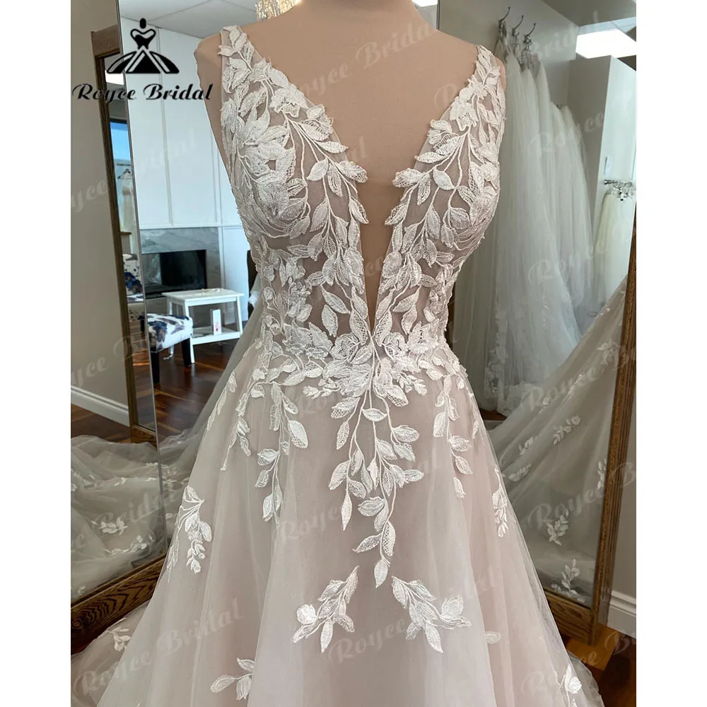 Vintage Deep V Neck Lace Applique A Line Beach Women abito da sposa 2023 Birdal Gown Custom Made vestido de casamento Roycebridal