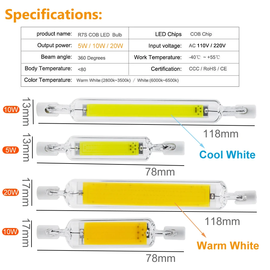 10pcs Dimmable R7S LED COB Bulb Light 78mm 118mm Glass Tube High Power AC110V 220V Home Warm/Cool/Neutral White Flood Light