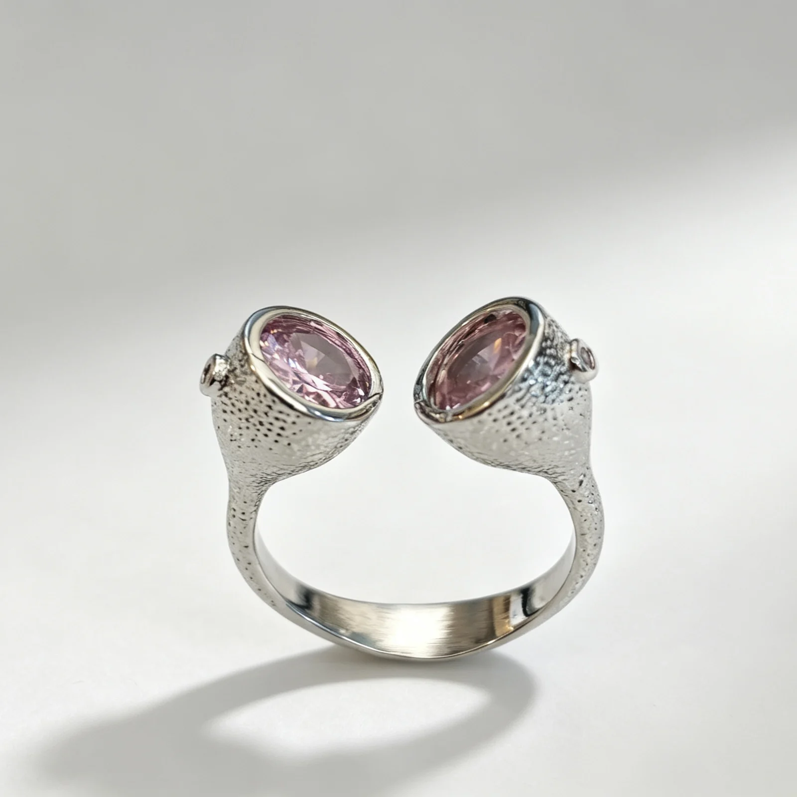 Abstract Goblet Shaped Adjustable Open Ring Two Oval Shiny Pink Zircon Decor Matte Grain Retro Cool Stackable Finger Ornament