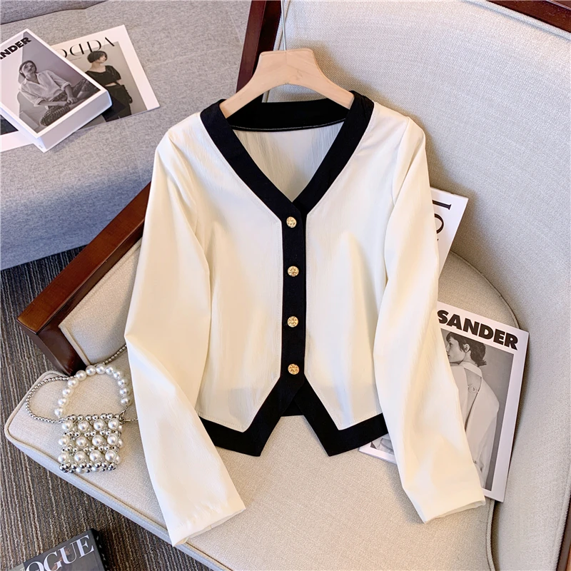 plus Size Autumn New Style Small Fragrance Wind Coat V-Neck Cover Belly Slimming Color Block Women's Casual Fashion Top