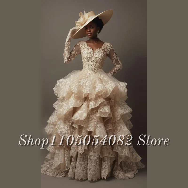 Robe de mariée française élégante et personnalisée, en dentelle au crochet, col en v, manches longues, ligne a, modèles de conception traînante