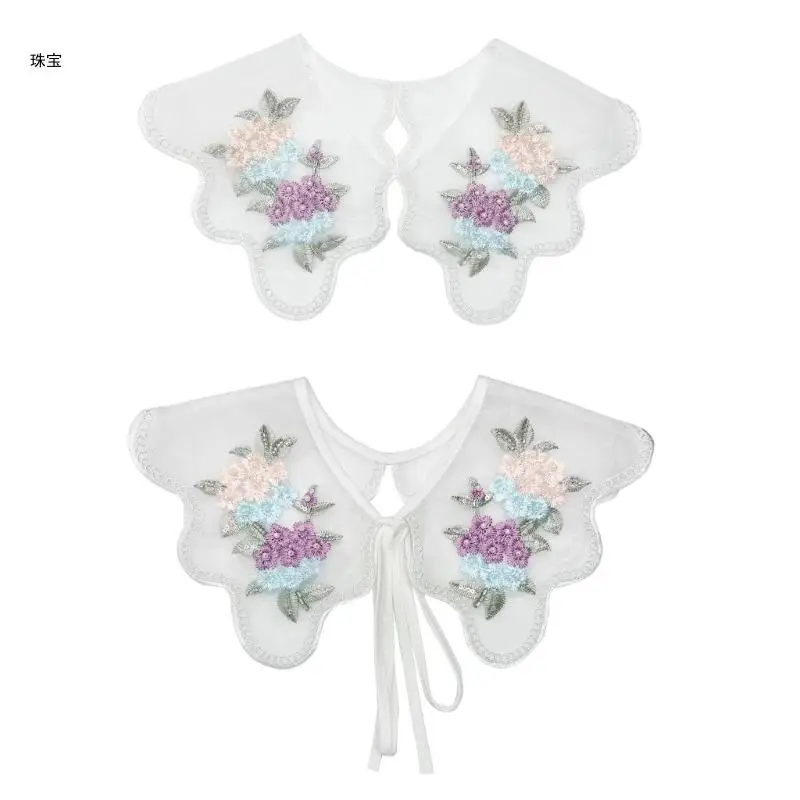 

X5QE Women Embroidered Colorful Flower Faux Collar Shawl Lace Capelet Dresses Collar for Collarless Shirt and Sweater Decors