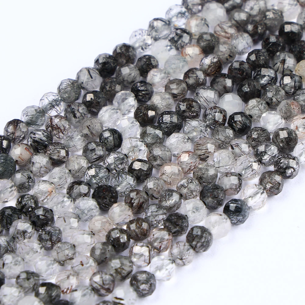 A+ Natural Black Rutilated Quartz Faceted Bead 2mm/3mm Loose Gemstone Beads for Jewelry Making Bracelet DIY Accessories