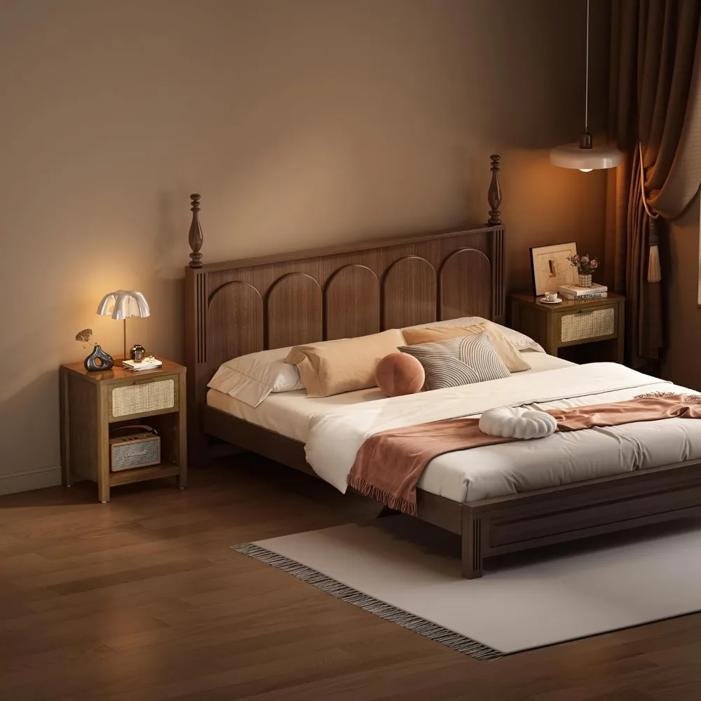 منضدة الروطان الحديثة لمنتصف القرن مع درج وتخزين، طاولة بجانب السرير خشبية كبيرة على طراز بوهو #3